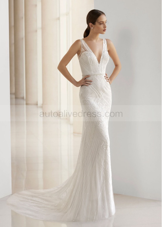 V Neck Beaded Ivory Lace Keyhole Back Wedding Dress